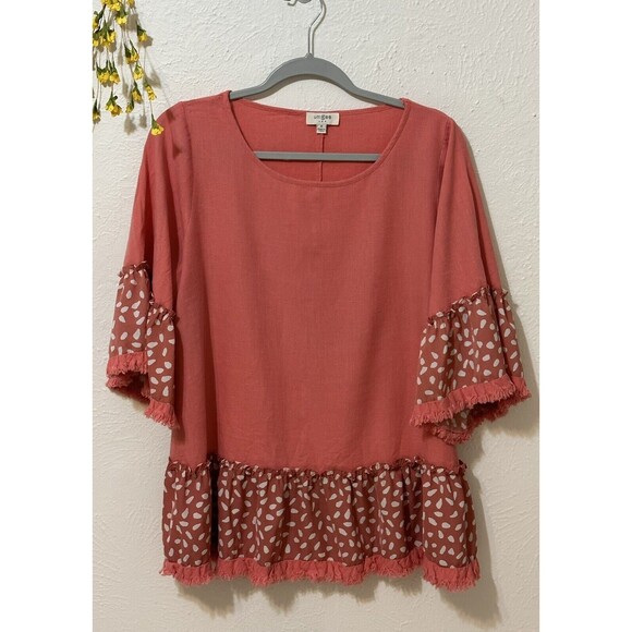 Umgee Size M Linen Blend Mix Media Animal Print Tunic Top Boho Festival - Picture 7 of 9